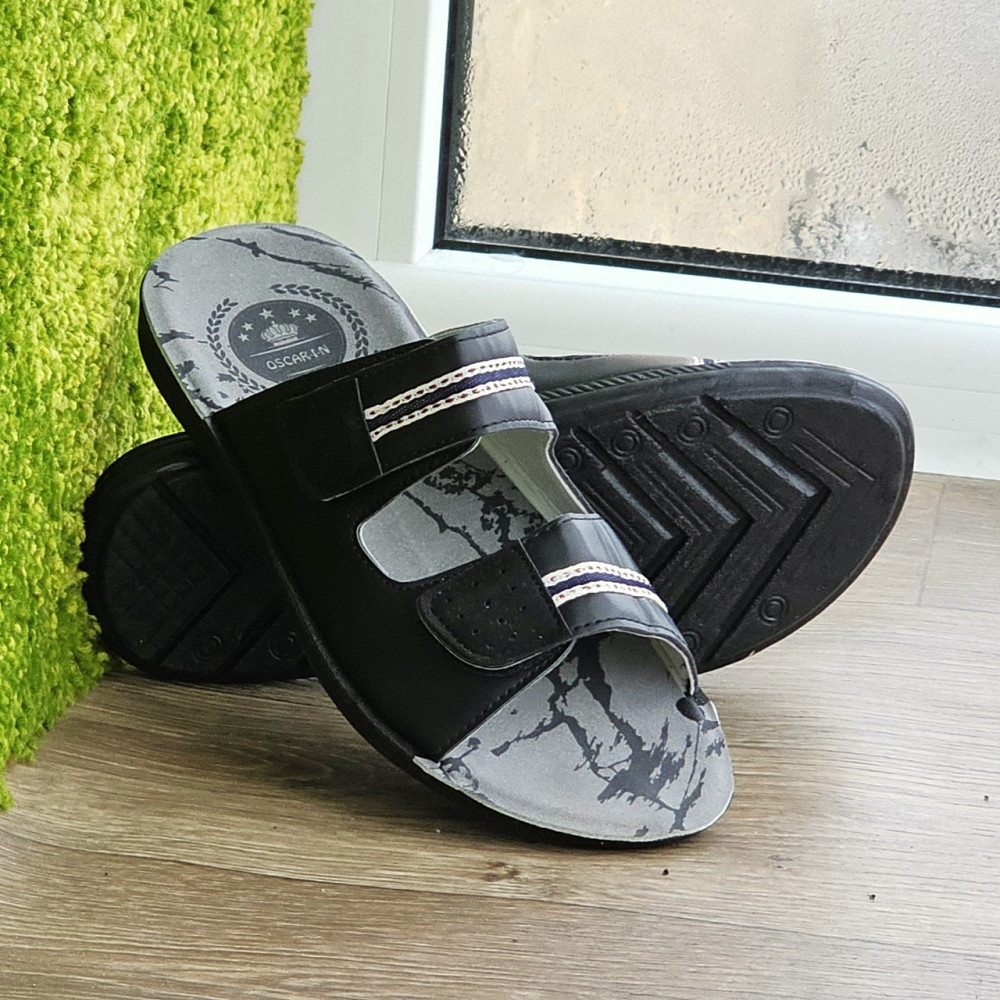 Мужские Шлёпанцы Тапочки Сланцы Чёрные Кожаные на Липучке (размеры: 41,42,43,44,45) Днепр - изображение 8