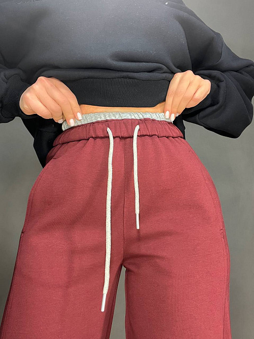 Штаны женские A-N 25061 спортивные широкие Baggy с карманами и шнурком трикотажные бордовые, бордовый, L Киев - изображение 11
