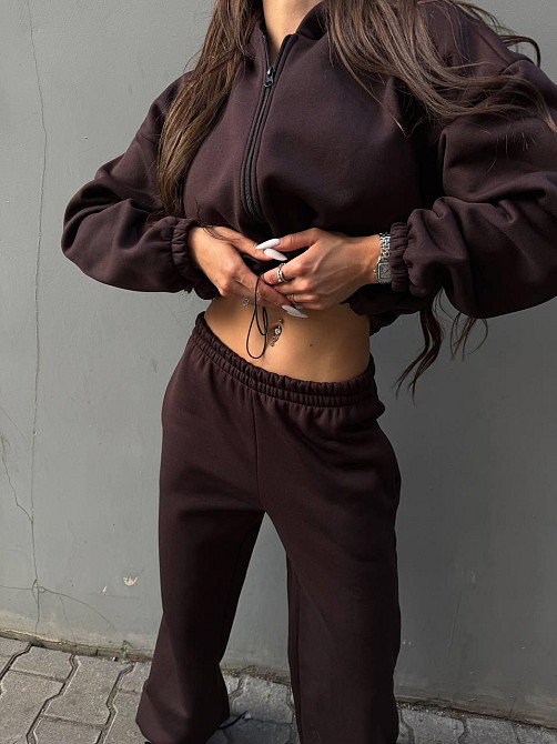 Утеплений жіночий костюм двійка у спортивному стилі тринитка на флісі Шоколадний, 46/48 Одеса - фото 9