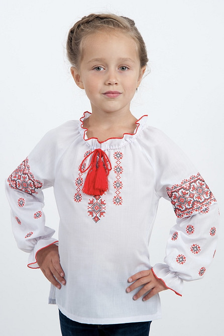 Вышиванка для девочки Орнамент с длинным рукавом белого цвета с красной вышивкой Сумы - изображение 1