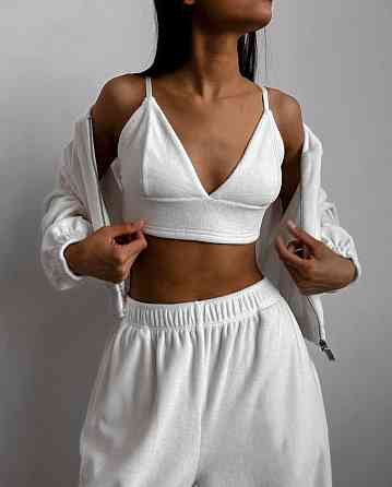 Женский стильный прогулочный костюм тройка турецкий велюр спорт Молочный, 46/48 Одесса