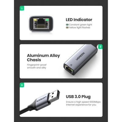 Перехідник USB 3.0 to Ethernet RJ45 1000 Mb CM209 Ugreen (50922) Вінниця - фото 2