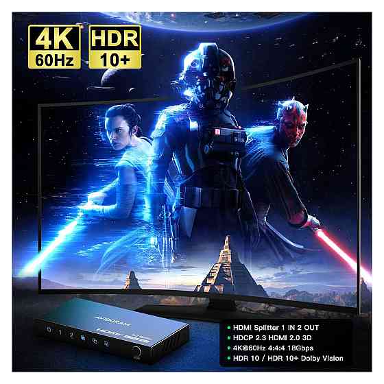 HDMI спліттер розгалужувач AVIDGRAM 1x2 HDMI2.0 4K 60 Гц 4:4:4 HDCP2.2 HDR10 Downscaler копіювання EDID дзеркалювання чорний Київ