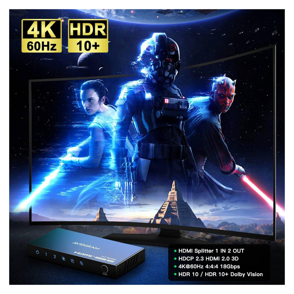 HDMI спліттер розгалужувач AVIDGRAM 1x2 HDMI2.0 4K 60 Гц 4:4:4 HDCP2.2 HDR10 Downscaler копіювання EDID дзеркалювання чорний Київ - фото 3