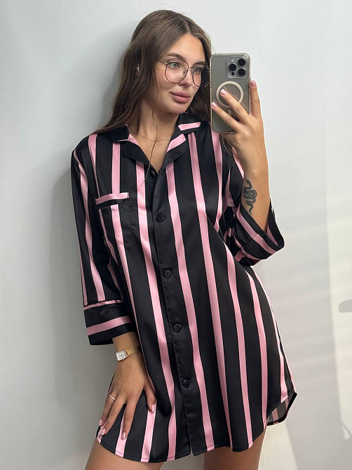 Ночная сорочка на пуговицах сатиновая Черно-розовая полоска L Харьков - изображение 1
