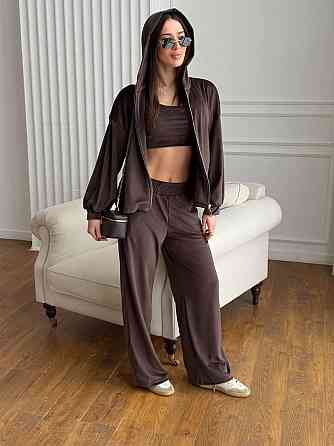 Женский повседневный костюм тройка: кофта, топ и брюки велюр Шоколад, 48/52 Одесса