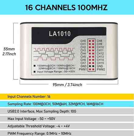 USB логічний аналізатор Kingst LA1010 100 МГц 16-канальний Type-C для Arduino та налагодження схем Київ