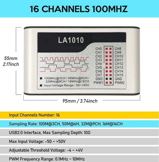 USB логічний аналізатор Kingst LA1010 100 МГц 16-канальний Type-C для Arduino та налагодження схем Київ - фото 4