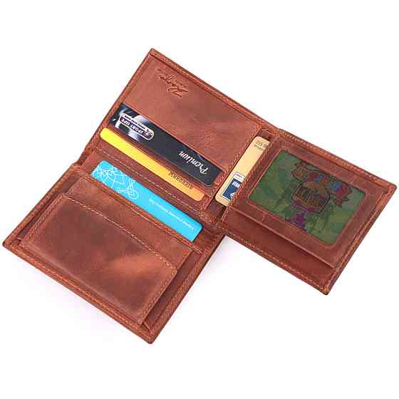 Мужское вертикальное портмоне без застежки в винтажной коже KARYA 21363 Рыжий Киев