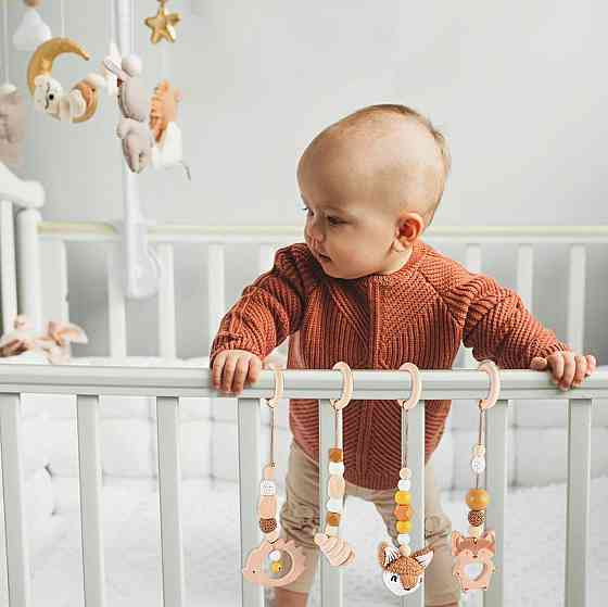 Гімнастична дуга Montessori Bow дерев'яна коричневий/сірий комплект 4 шт підвісна іграшка для коляски Baby gym Київ