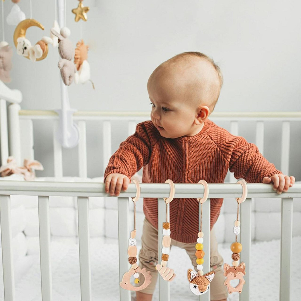 Гімнастична дуга Montessori Bow дерев'яна коричневий/сірий комплект 4 шт підвісна іграшка для коляски Baby gym Київ - фото 3