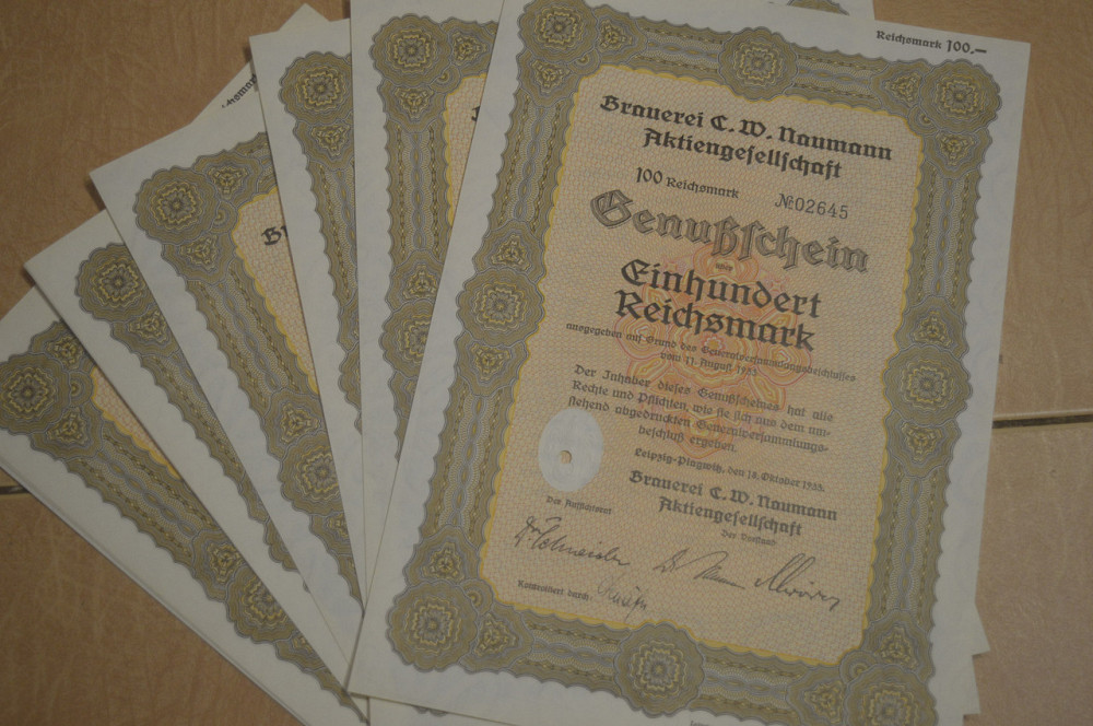 Акция. Германия. Brauerei Naumann Leipsig --100reichmark 1933 год aUNC-UNC (5 - 7) Полтава - изображение 1