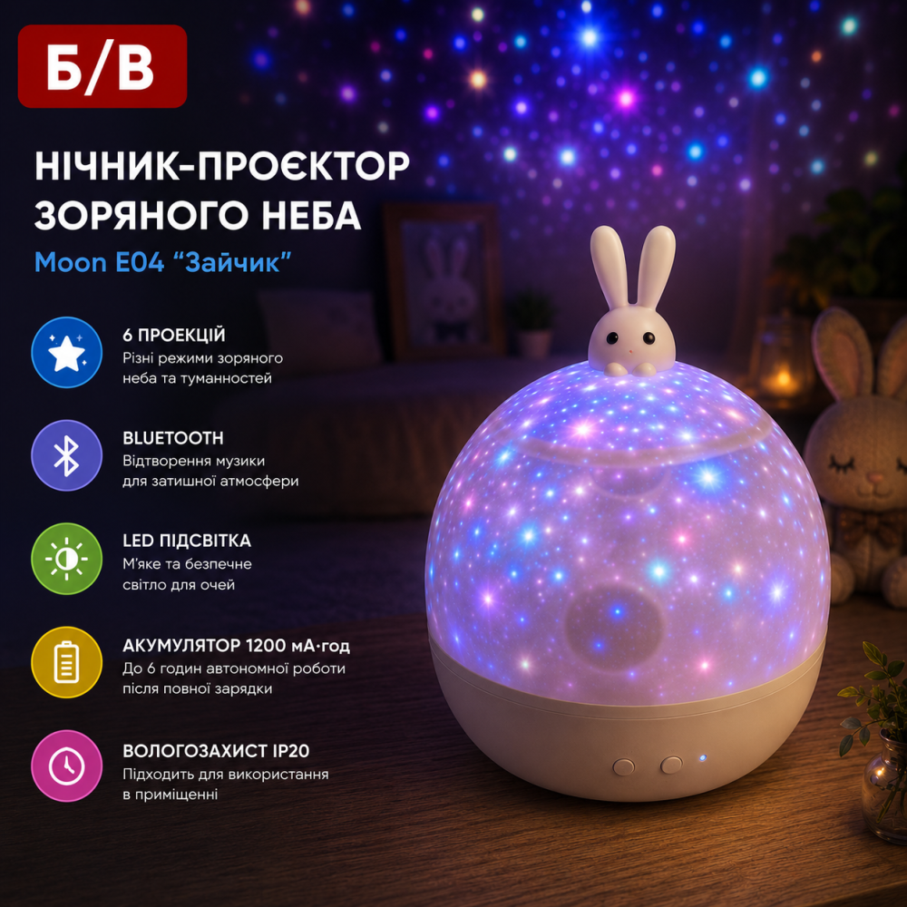 Б/В Нічник-проектор зоряного неба Moon E04 "Зайчик", Bluetooth, 6 проекцій, LED, акумулятор 1200 мА·год, білий Київ - фото 8
