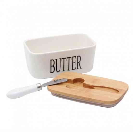 Масленка с ножом, керамическая, белая с бамбуковой крышкой 650мл Винница