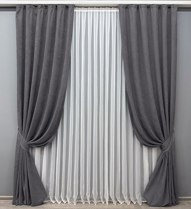 Комплект готовых штор VR-Textil Микровелюр Petek YL № 1706ш Графитовый 200х290 см 2 шт (32-485) Киев - изображение 2