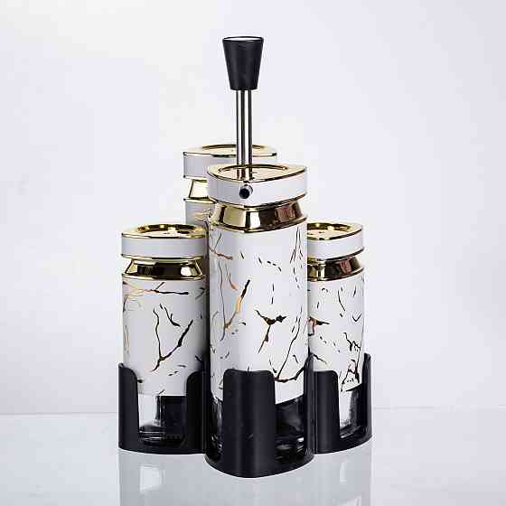 Набір баночок для спецій і рідких текстур 4 предмети на підставці білий мармур HP-1331 Коломыя