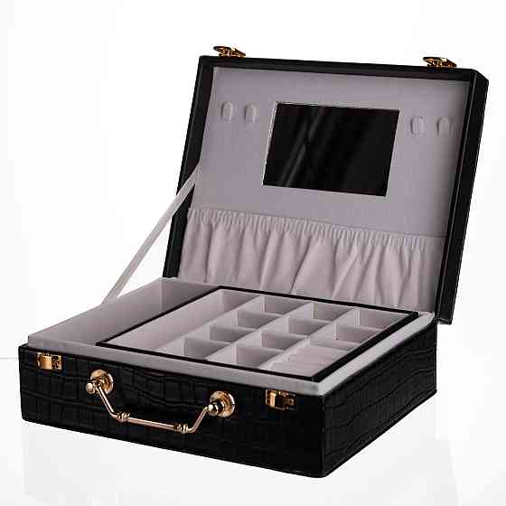 Скринька для прикрас з еко шкіри 19 відділень з дзеркалом 23.5×14×8 см Чорний HP-5-20B Коломыя