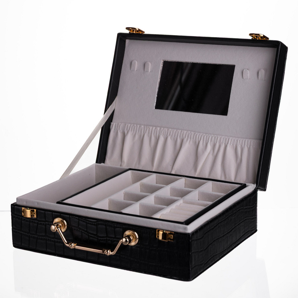 Скринька для прикрас з еко шкіри 19 відділень з дзеркалом 23.5×14×8 см Чорний HP-5-20B Коломия - фото 3