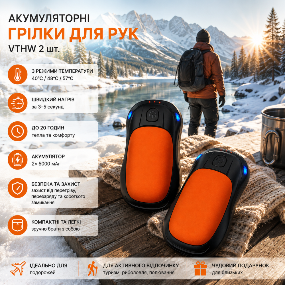 Аккумуляторные грелки для рук VTHW 2 шт., 3 режима 40–57°C, быстрый нагрев, до 20 часов, Orange Киев - изображение 1