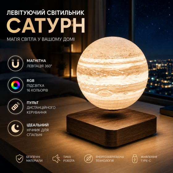 Левитирующий RGB светильник Сатурн 16 см с пультом управления, ночник с магнитной левитацией, парящая декоративная лампа для спаль Киев
