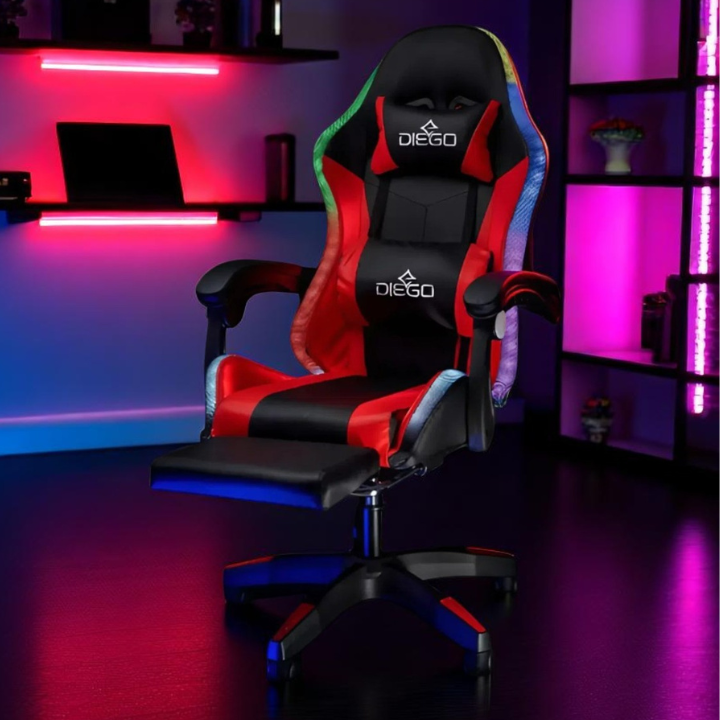 Геймерське крісло DIEGO з підставкою для ніг, масажем та LED-підсвіткою – Чорно-червоне, витримує до 150 кг Львів - фото 2