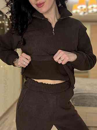 Женский теплый костюм двойка: кофта и штаны вельвет на плотном флисе Шоколадный, 42/44 Одесса