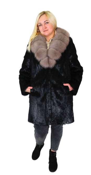 Шуба женская из натурального меха стриженой нутрии с воротником Соболь р 48 длина 90см Черный Харьков - изображение 4