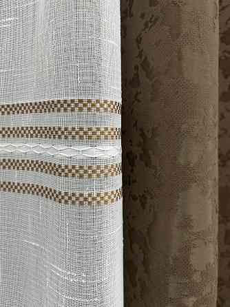 Комплект штор VR-Textil Льон Мармур 100х270 2шт і Тюль 400х270 1261ш-1429т Коричневий з білим 71-176/2 Київ