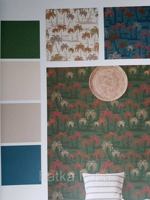 Шпалери вінілові Lutece Bensimon пальми дерева теракотові світло-рожеві на синьому Київ - фото 1
