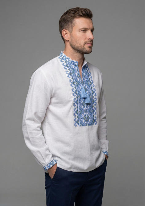 Мужская вышиванка из домотканого полотна голубой орнамент. Киев - изображение 5