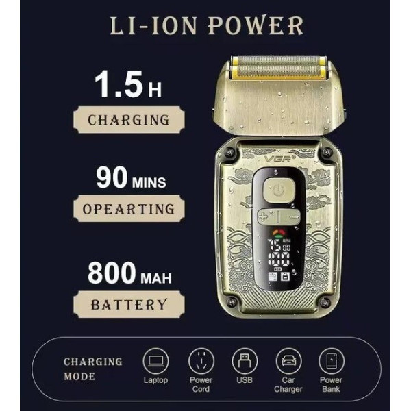 Електробритва шейвер VGR V-337 IPX6 подвійне лезо LED дисплей (2 насадки) Бронзовий Вінниця - фото 6