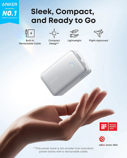 Портативний зарядний пристрій Anker Nano - 10000 mAh 45W Built-In USB-C Cable White (7198078) Київ - фото 2