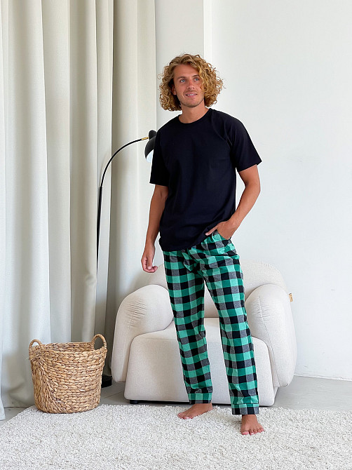 Чоловічий піжамний комплект (штани + футболка), зелений/чорний L XL Київ - фото 1