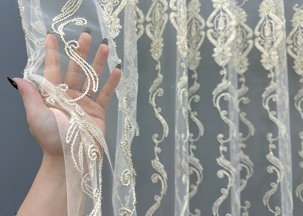 Тюль фатин с вышивкой Корд и люрексом Цвет молочный с золотистым 1852т Киев - изображение 2