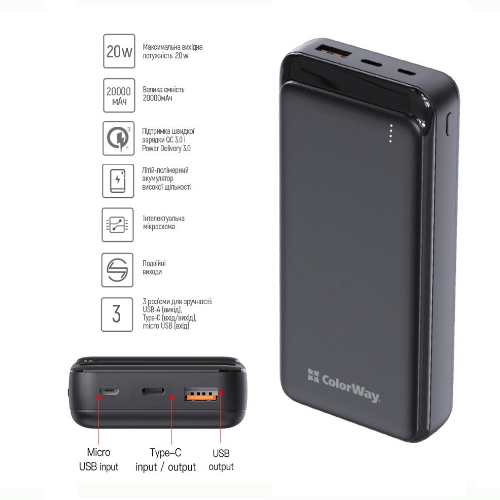 Павербанк 20000 mAh ColorWay CW-PB200LPG3BK-PD 20W QC+PD slim чорний Житомир - фото 3
