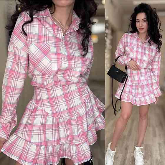 Жіночий стильний костюм-двійка: сорочка та спідниця в клітинку бавовна тіар Рожевий, 46/48 Одеса