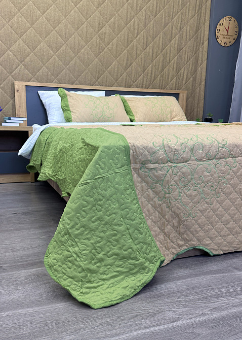 Покривало стьобане з наволочками Expo Trade ромб 220x220 (+-10 см) бежевий з салатовим (85-162) Київ - фото 6