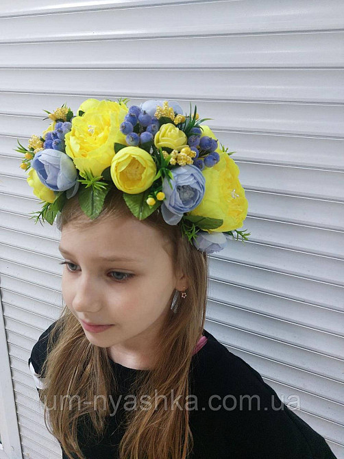Ободок обруч з квітами "Піони великий жовто-блакитний2" Кривий Ріг - фото 1