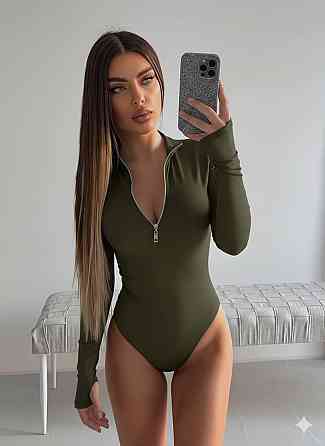 Жіночий стильний стильний боді на блискавці з розрізом під пальчик Мікродайвінг Хакі Одеса