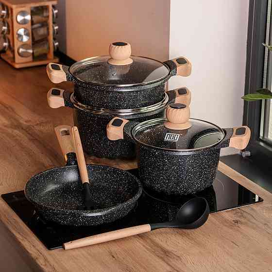 MGC Набір посуду, 3 каструлі, з товстодонною алюмінієвою лопаткою та ополоником MGC, чорний HP- Київ