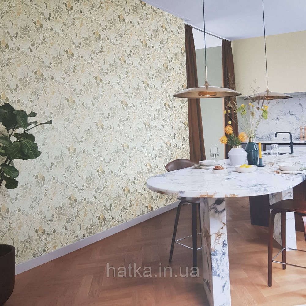 Обои флизелиновые эко Rasch Salisbury 0.53х10 цветы полевые листья желтые белые серые на желтом Киев - изображение 1
