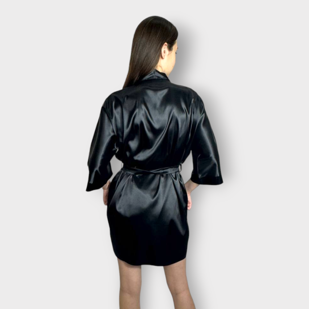 Халат женский сатиновый под пояс длина 90см Черный XL/2XL Харьков - изображение 14