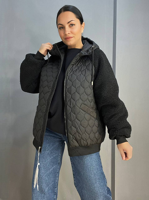 Куртка жіноча DARK SNOW 2355 стегана ркува штучне хутро з капюшоном збільшені розміри чорна, чорний, Одеса - фото 4