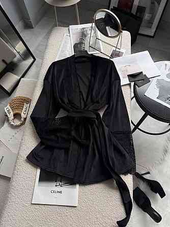 Жіночий стильний романтичний велюровий халат + мереживо Чорний Одеса