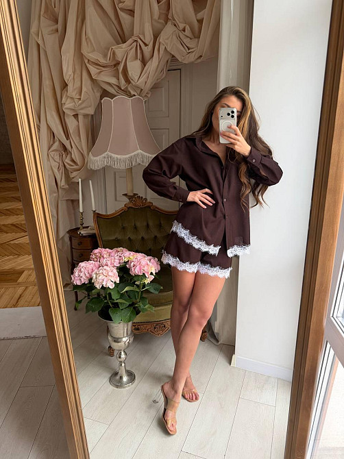 Женский стильный летний льняной костюм с кружевом Шоколад, 48/50 Одесса - изображение 6