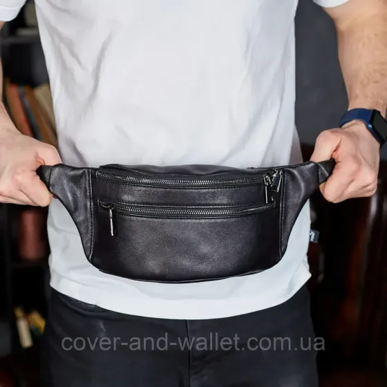 Чорна чоловіча сумка-бананка з натуральної шкіри гладкого типу Puos Київ