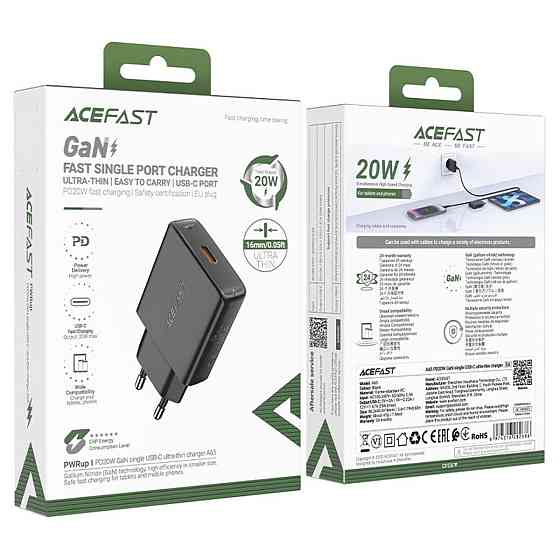 Мережевий зарядний пристрій ACEFAST A65 PD20W GaN single USB-C ultra-thin charger Black 6974316282686 Одеса