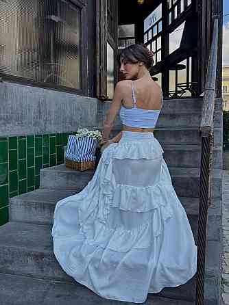 Жіноча романтична довга спідниця з воланами льон бохо Молочний, 44/46 Одеса