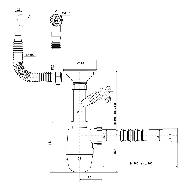 Сифон OPTIMUM 31/2″*40 для мийки з відведенням для прал маш, з круглим гнучким переливом та гнучкою трубою 40х40/50 OPTI 27243 Тернополь - изображение 8