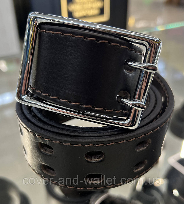 Коричневий чоловічий перфорований ремінь з пряжкою на дві спиці 40 мм PS Leather Київ - фото 1